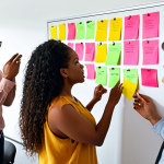 **Image Prompt:** A diverse team brainstorming in a modern office. Some members are actively listening, others are sharing ideas on a whiteboard covered with colorful sticky notes. The atmosphere is collaborative and inclusive, showcasing empathetic communication. Soft, natural lighting.