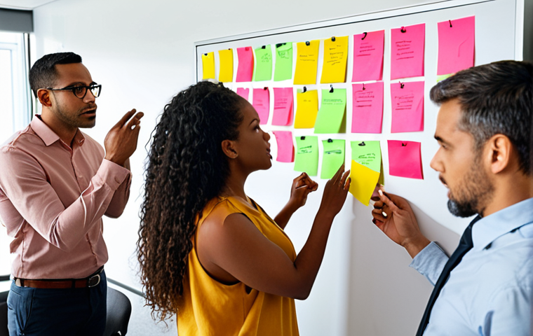 **Image Prompt:** A diverse team brainstorming in a modern office. Some members are actively listening, others are sharing ideas on a whiteboard covered with colorful sticky notes. The atmosphere is collaborative and inclusive, showcasing empathetic communication. Soft, natural lighting.