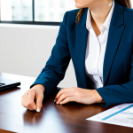 A thoughtful professional woman in a modest business suit, sitting at a polished wooden desk in a bright, contemporary office. She is holding a small, elegant compass, symbolizing her 'north star' and core values, and intently looking at a well-organized blueprint or a clear decision framework laid out before her. The office environment is tidy and bathed in natural light, conveying clarity and focus. The atmosphere is calm and reflective, emphasizing deep thought and intentionality. Safe for work, appropriate content, fully clothed, professional, perfect anatomy, correct proportions, natural pose, well-formed hands, proper finger count, natural body proportions, professional photography, high quality, studio lighting.