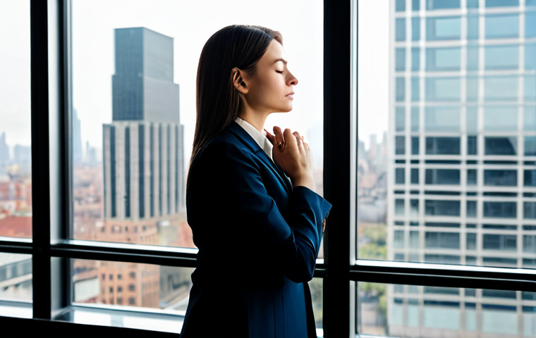 의식적 선택 훈련의 기본 개념 이해하기 - The Pause - Reflective Decision**
A businesswoman in a modern, fully clothed business suit, standin...