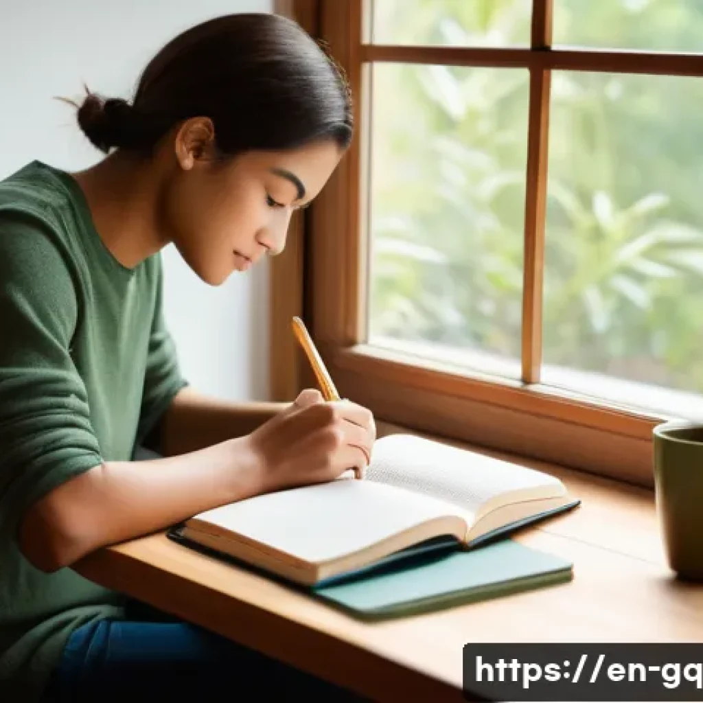 의식적 선택 훈련과 자아 표현 - A serene morning scene featuring a diverse young adult sitting at a cozy wooden desk by a large wind...