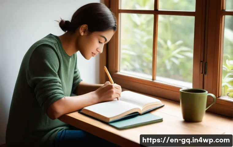 의식적 선택 훈련과 자아 표현 - A serene morning scene featuring a diverse young adult sitting at a cozy wooden desk by a large wind...