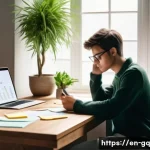 Home 22 의식적 선택 훈련과 자아 발견 - A serene, sunlit home office scene showing a thoughtful young adult sitting at a wooden desk covered...