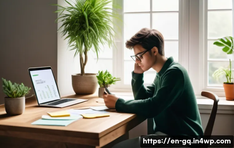 의식적 선택 훈련과 자아 발견 - A serene, sunlit home office scene showing a thoughtful young adult sitting at a wooden desk covered...