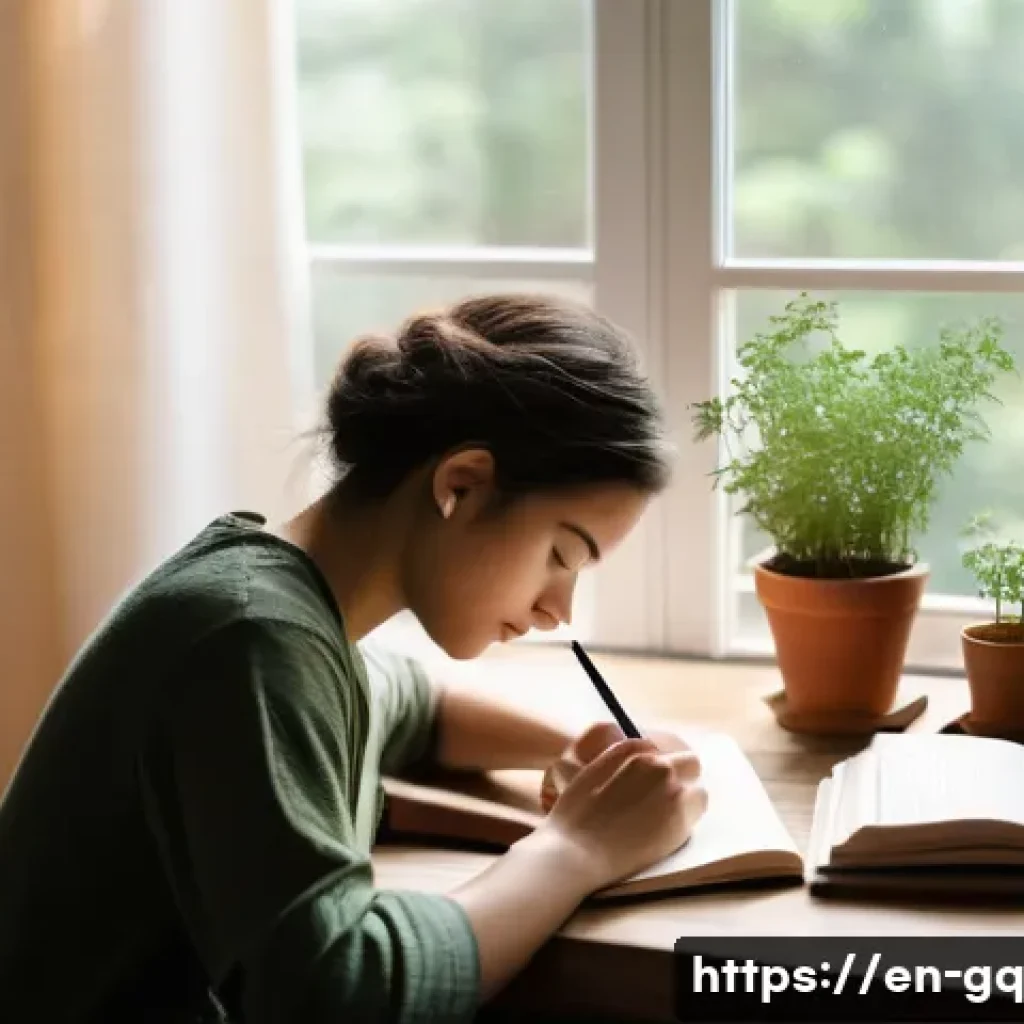 의식적 선택 훈련의 기본 원칙 - A serene morning scene showing a young adult sitting at a cozy wooden desk by a sunlit window, journ...