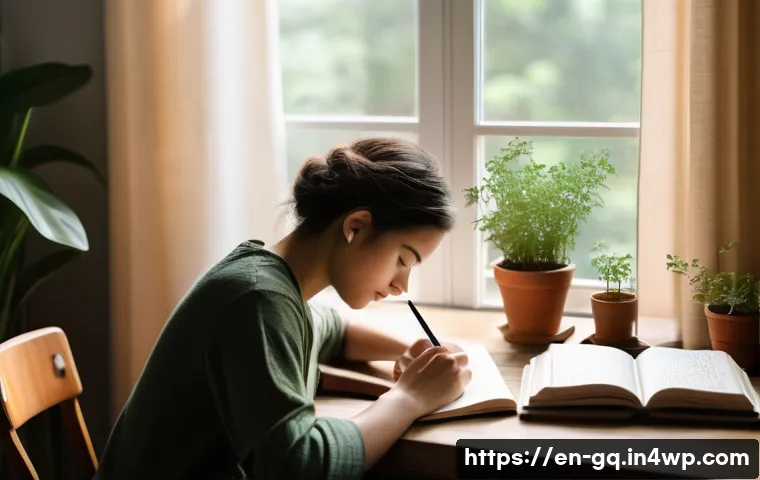 의식적 선택 훈련의 기본 원칙 - A serene morning scene showing a young adult sitting at a cozy wooden desk by a sunlit window, journ...