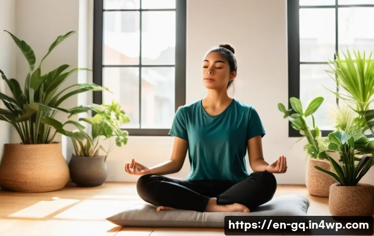 의식적 선택 훈련의 다양한 접근 방법 - A serene, modern living room scene showing a young adult practicing mindfulness meditation. The pers...