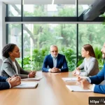 Home 19 의식적 선택 훈련을 통해 배우는 리더십 - A diverse group of professional leaders sitting around a modern conference table engaged in active l...